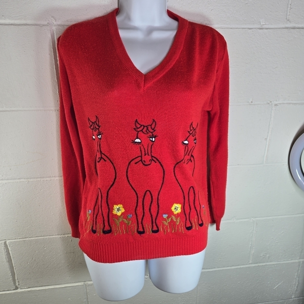 Vtg 70s red embroidered novelty equestrian cute horses v neck sweater reed hill - Picture 6 of 11
